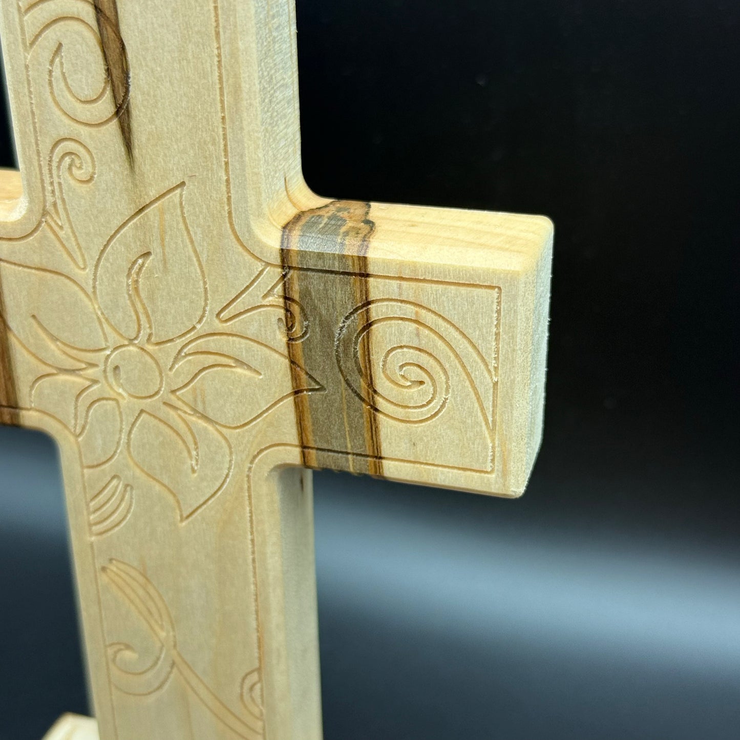 Ambrosia Maple Desktop Cross With Floral Inlay And Base