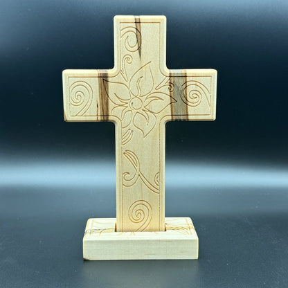 Ambrosia Maple Desktop Cross With Floral Inlay And Base