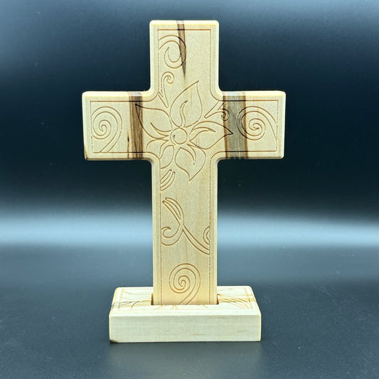 Ambrosia Maple Desktop Cross With Floral Inlay And Base
