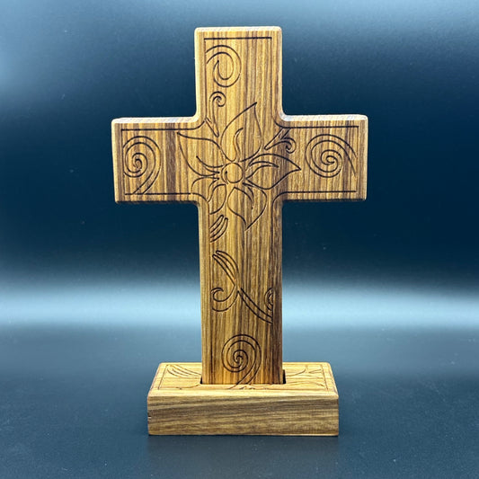 Quarter Sawn Walnut Desktop Cross With Floral Inlay And Base