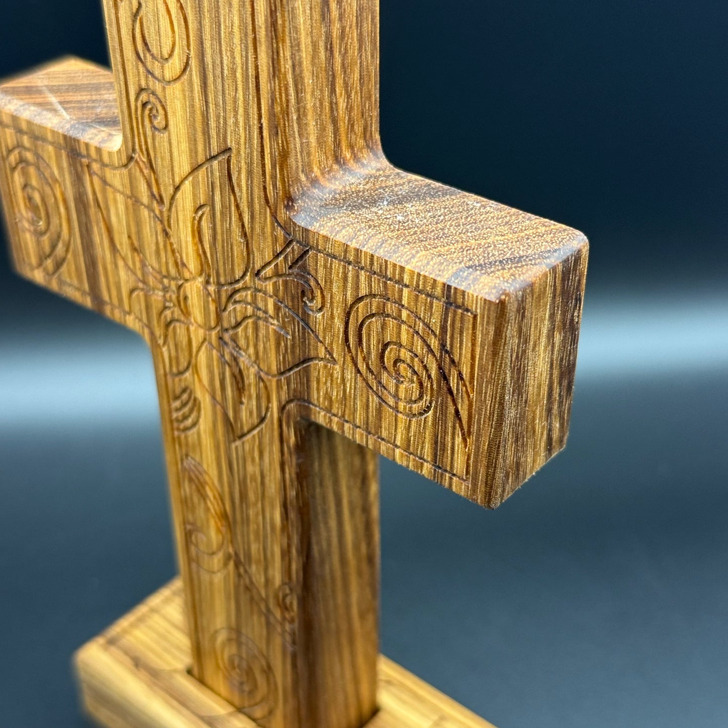 Quarter Sawn Walnut Desktop Cross With Floral Inlay And Base