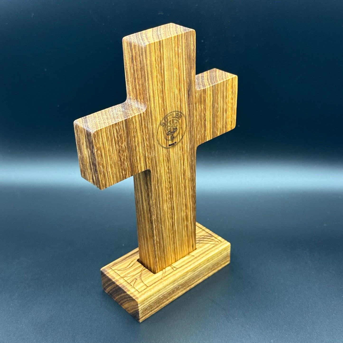 Quarter Sawn Walnut Desktop Cross With Floral Inlay And Base