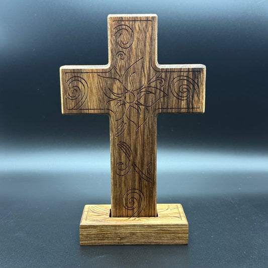 Walnut Desktop Cross With Floral Inlay And Base