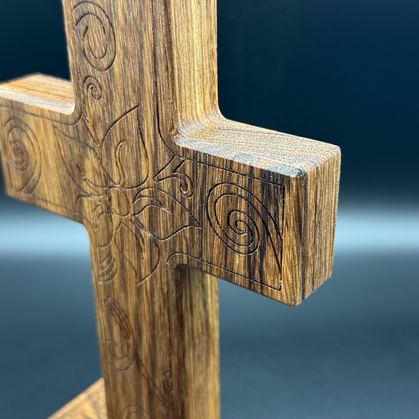 Walnut Desktop Cross With Floral Inlay And Base