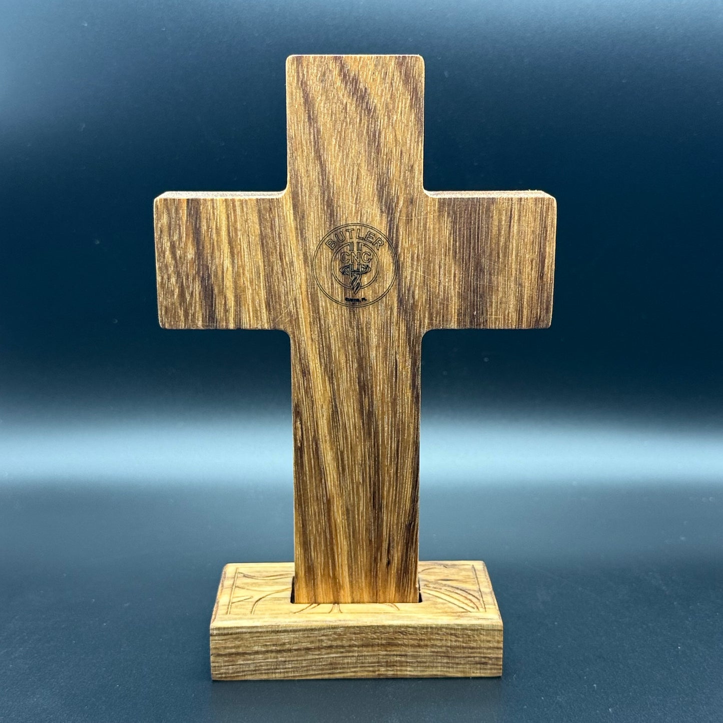Walnut Desktop Cross With Floral Inlay And Base