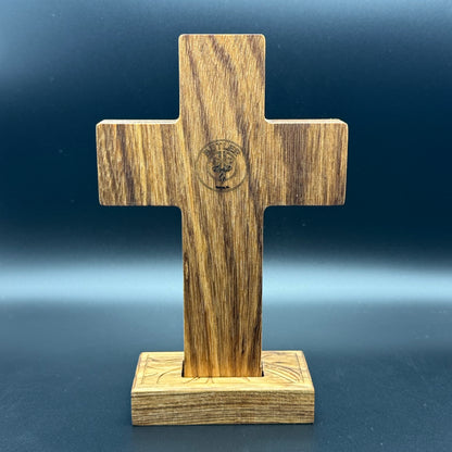 Walnut Desktop Cross With Floral Inlay And Base