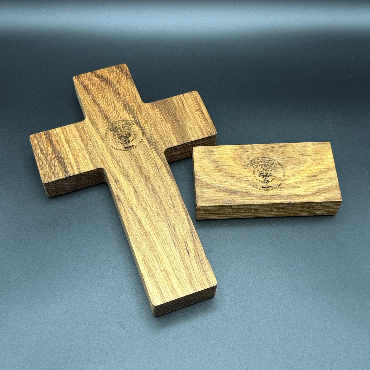 Walnut Desktop Cross With Floral Inlay And Base